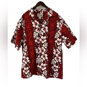 KY'S Hawaiian Shirt Men’s 2XL Red White Button Up Short Sleeve Hibiscus Print
